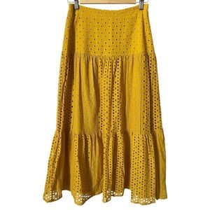 House of Harlow 1960 Size Small Mustard Yellow Eyelet Lace Tiered Midi Skirt